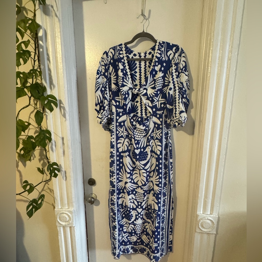 FARM Rio Blue and White Puff Sleeve Resort Midi Dress